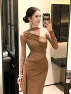 Original Design French-Style Vintage Braided Braid Mesh Hollow-Out Patchwork Off-Shoulder Slim Fit Gown Long Dress