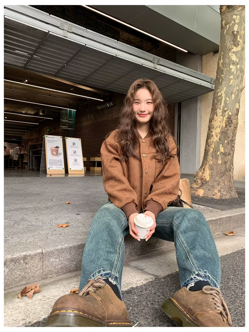 New American Retro Baseball Jacket Women, Small Short Locomotive Style Cardigan Jacket Loose and Thin Versatile Top Ins Tide