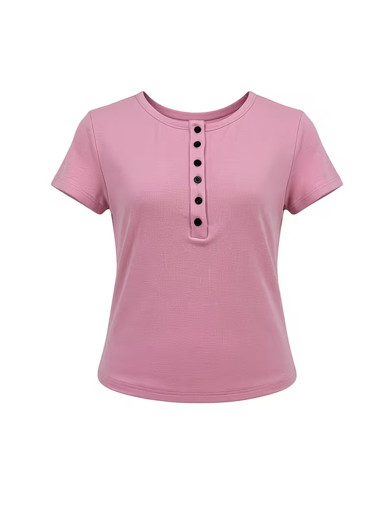Korean Style Button Detail Slim Fit Short Sleeve T-Shirt for Women, Casual Summer Henley Neck Top, Daily Wear Basic Tee