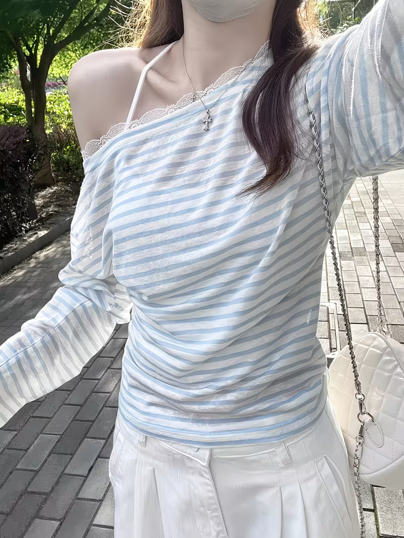Korean Style Off-shoulder Striped Lace Long Sleeve T-shirt Women's New Loose Outer Wear Cover-up Sweet Top