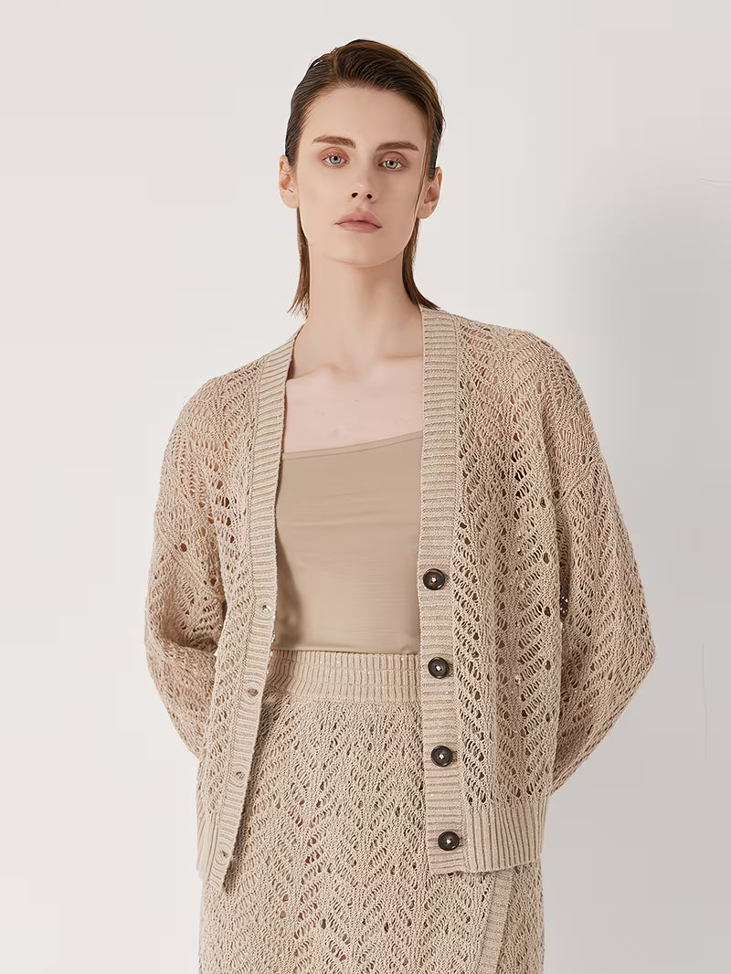 100% Linen Yarn | Elegant Deep V Neck Cardigan With Hollow Details, Regular Fit, Long Sleeves, Flared Hem
