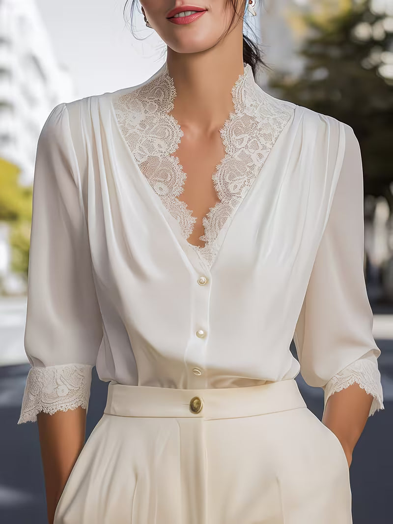Women'S White V-Neck French Minimalist Chic Spring Summer Office Outfit Chic Ladies Top