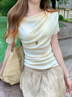 Apricot Peplum Neckline Top with Off-Shoulder Design, Women's New Summer Light Luxury High-End Slim Fit Flattering Short Sleeve T-Shirt