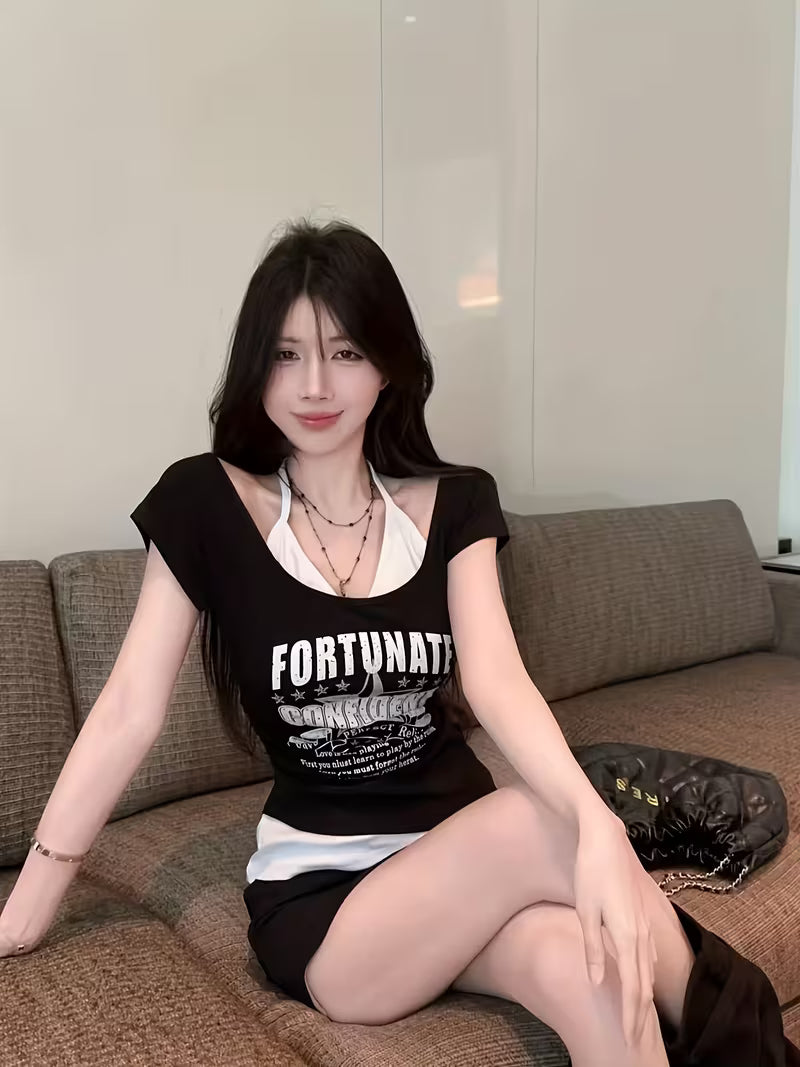Letter Print Short-Sleeve T-Shirt for Women | Summer Design, Unique Faux Two-Piece Top, Trendy Halter Tank Top for Layering or Wearing Alone, Cropped Style
