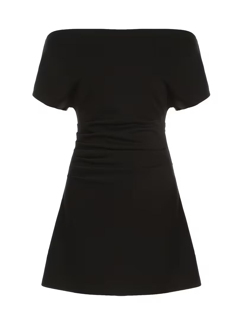 French-Style Temperament Solid Color Pleated Off-Shoulder Dress for Women, Waist-Cinching Hot A-Line Little Black Dress