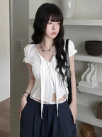 Korean Style New V-Neck Tie-Up Short Sleeve Shirt for Women, Textured Ruched Ruffle Waist-Cinching Cropped Top, Gentle Blouse for Commuting and Dating