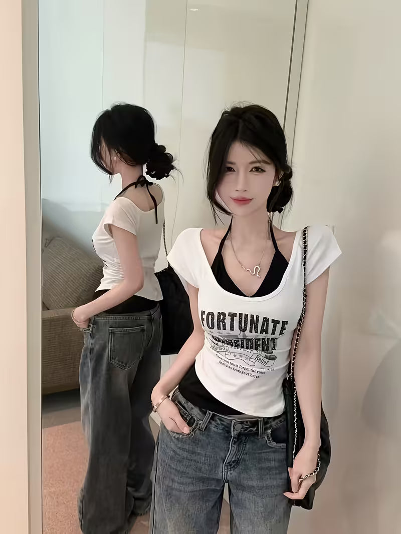 Letter Print Short-Sleeve T-Shirt for Women | Summer Design, Unique Faux Two-Piece Top, Trendy Halter Tank Top for Layering or Wearing Alone, Cropped Style