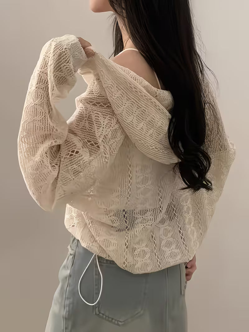 New Age-Reducing Hollow Jacquard Drawstring Hem Long Sleeve Hooded Lace Sunscreen Coat