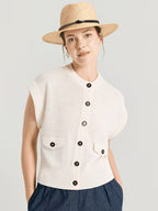100% Linen Sequin Vest Women's Sleeveless Cardigan Elegant Round Neck Button Up Female Clothing