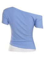 Korean Style Gentle Girly Blue Polka Dot Print 2-in-1 Look Off-Shoulder Women's T-Shirt, Cowl Neck Off-Shoulder Waist-Cinching Hot Short Sleeve Summer New Arrival Daily Wear Women's Top