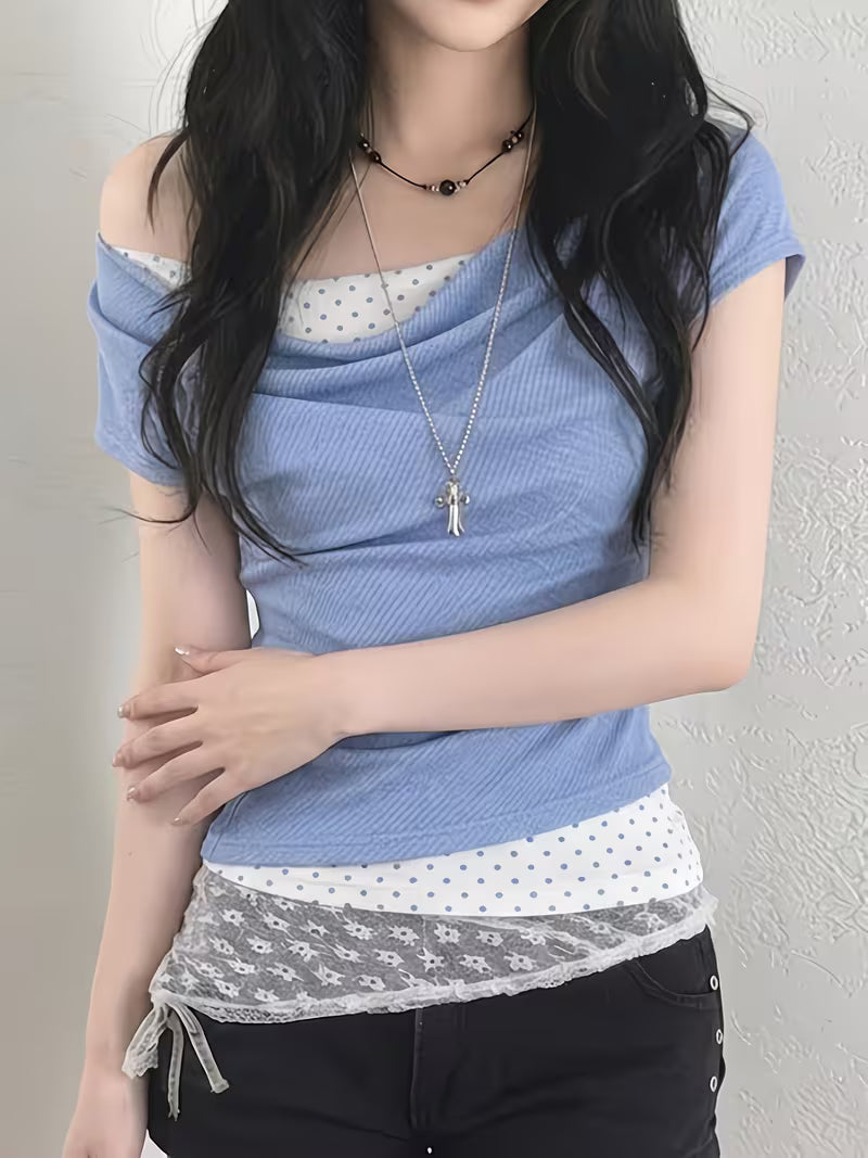 Korean Style Gentle Girly Blue Polka Dot Print 2-in-1 Look Off-Shoulder Women's T-Shirt, Cowl Neck Off-Shoulder Waist-Cinching Hot Short Sleeve Summer New Arrival Daily Wear Women's Top