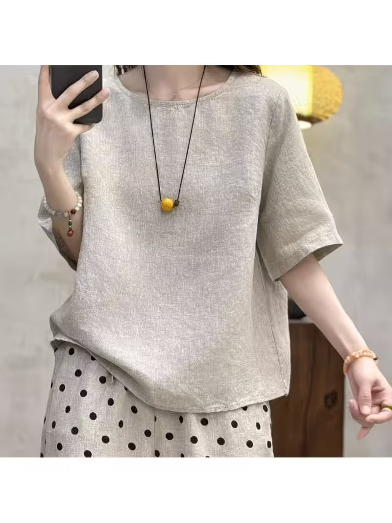 Women's -Linen Short-Sleeve T-Shirt, New Summer Style, Loose, Casual, Versatile, Breathable Top, Solid Color, Round Neck Pullover Shirt