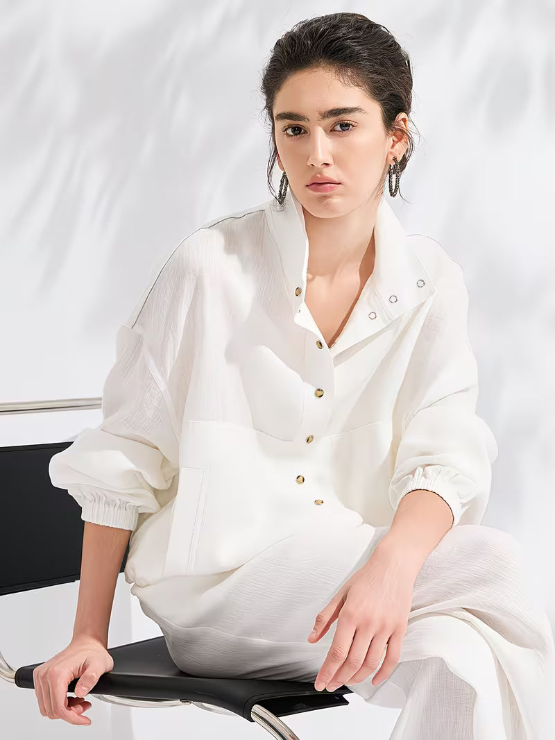 100% Linen Jacket | Elegant High Neck, Single Breasted, Button Details, Flared Hem, Long Sleeve | Serathinan