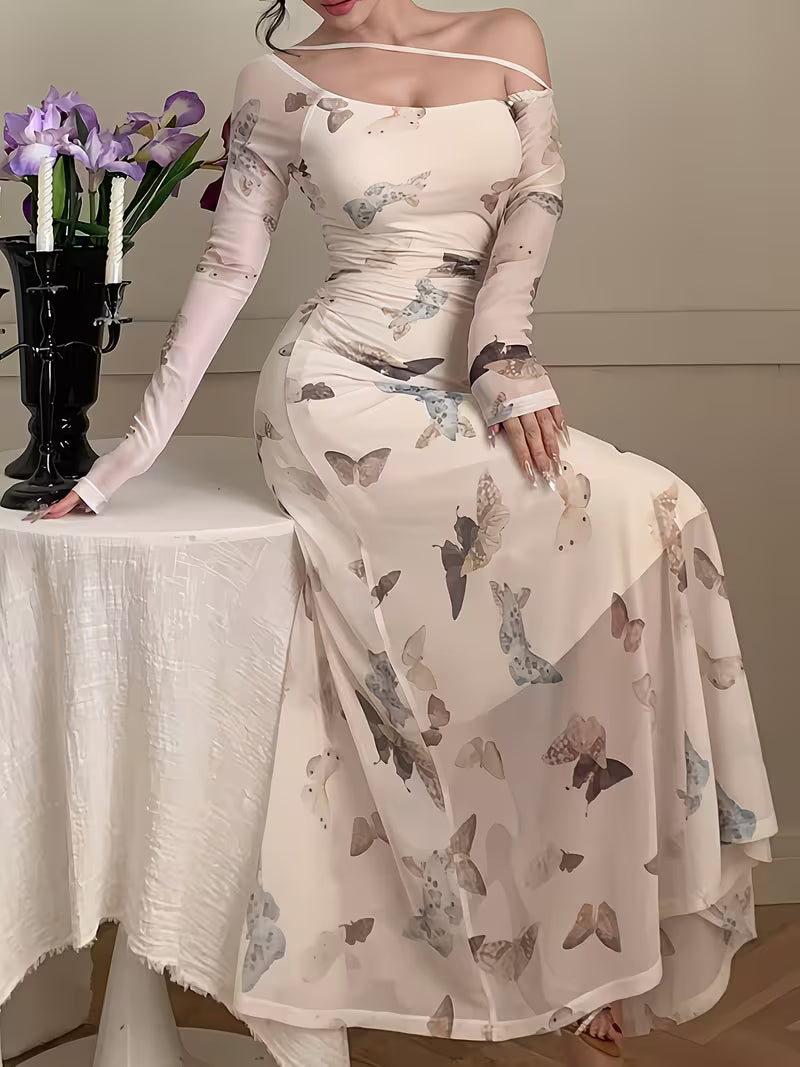Women's Mesh Butterfly Print Off-Shoulder Slim-Fit Long Sleeve Dress