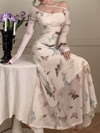Women's Mesh Butterfly Print Off-Shoulder Slim-Fit Long Sleeve Dress