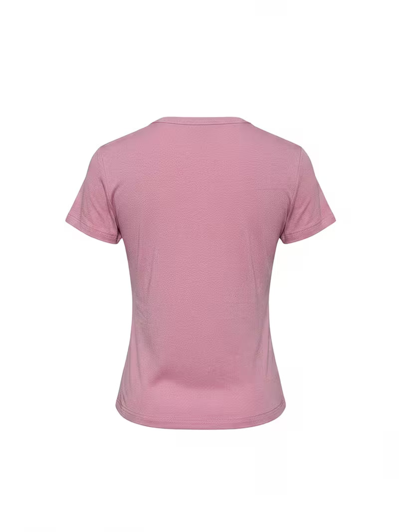 Korean Style Button Detail Slim Fit Short Sleeve T-Shirt for Women, Casual Summer Henley Neck Top, Daily Wear Basic Tee