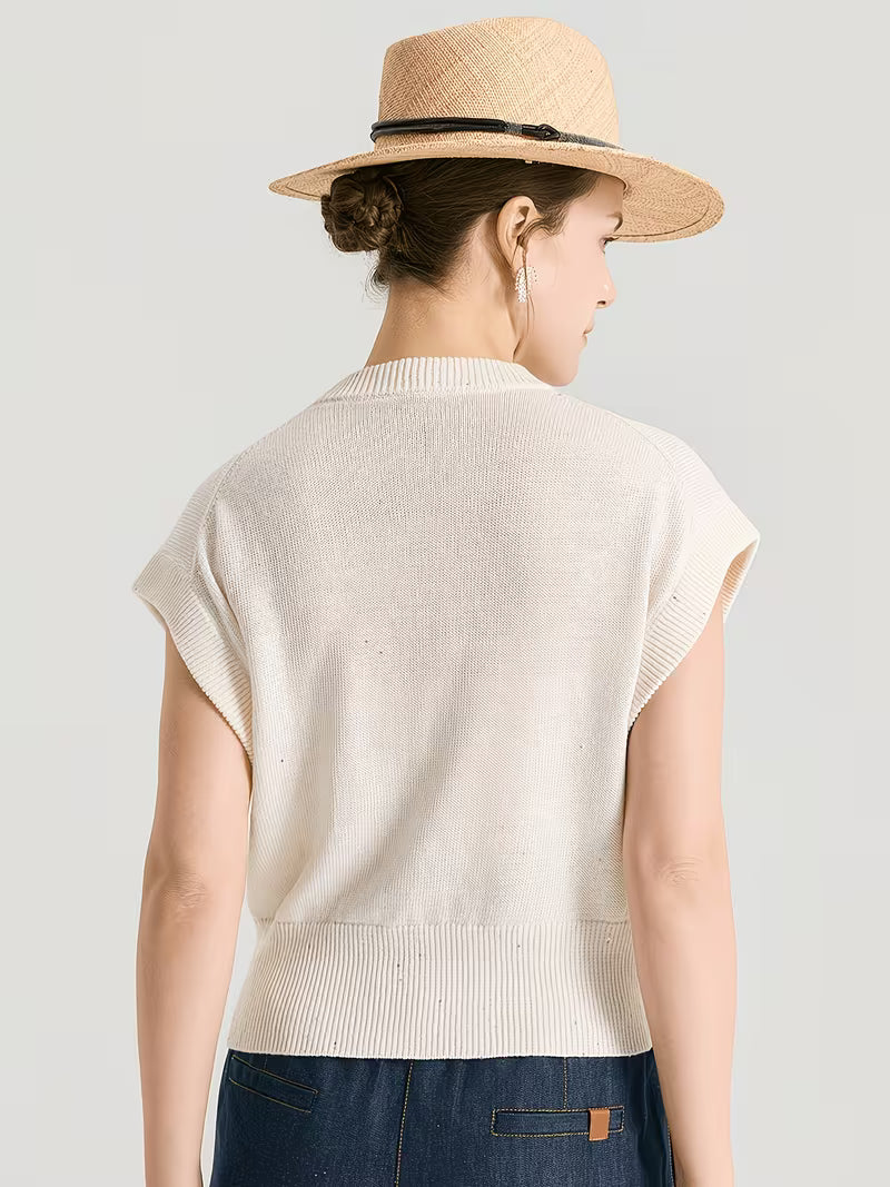 100% Linen Sequin Vest Women's Sleeveless Cardigan Elegant Round Neck Button Up Female Clothing