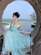 Summer New Blue Suspender Dress for Women, Beach Vacation Style, Off-Shoulder Long Dress with Backless Design
