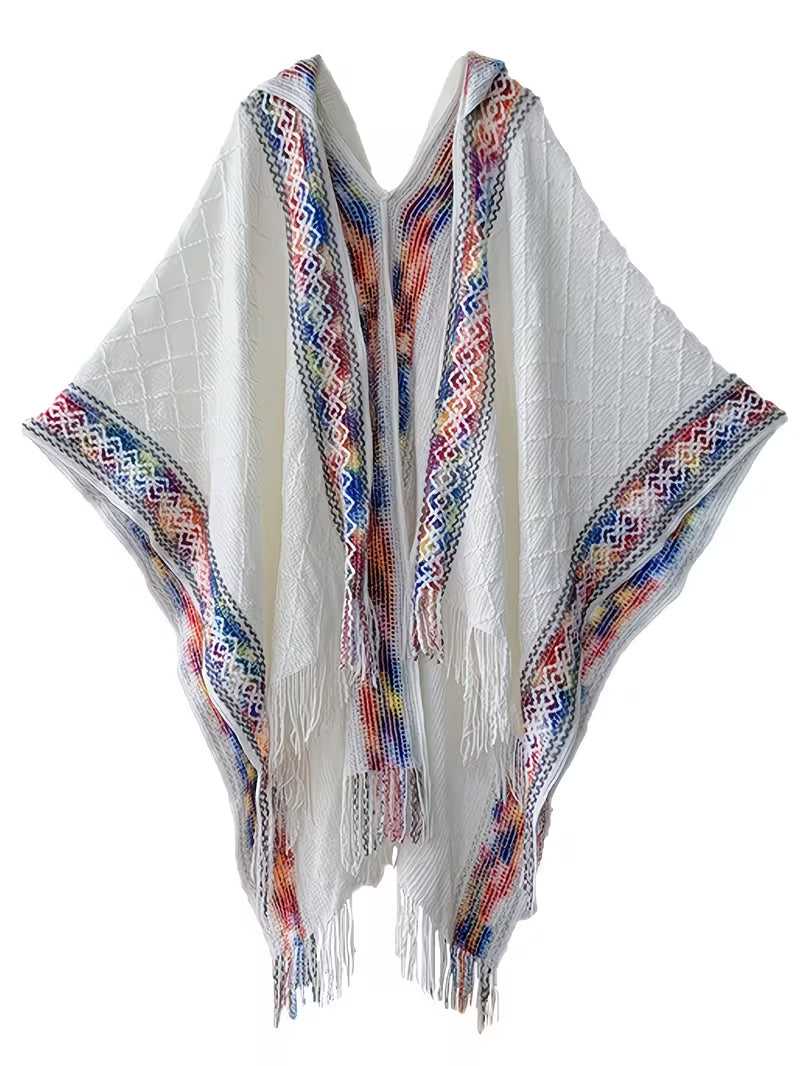 thnic Style Hooded Shawl | Women's, Hollow-Out Fringe Cape Coat, Color Block Hooded Travel Shawl, Loose Fit Cape, Unique Design Niche Hooded Fringe Shawl, Outerwear Ethnic Style Cape Coat with Hood