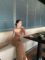 Original Design French-Style Vintage Braided Braid Mesh Hollow-Out Patchwork Off-Shoulder Slim Fit Gown Long Dress