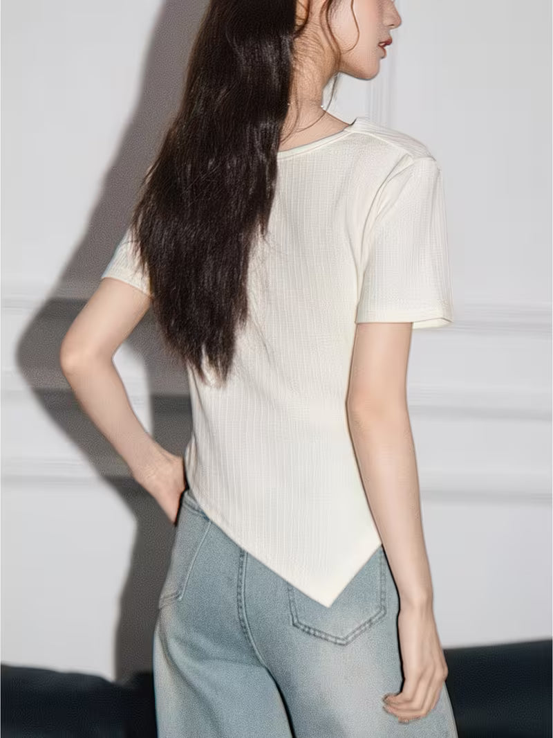 Women's Summer New Korean-style Irregular Short-sleeve T-shirt, Summer Pure and Gentle Short Top for Women