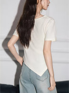 Women's Summer New Korean-style Irregular Short-sleeve T-shirt, Summer Pure and Gentle Short Top for Women