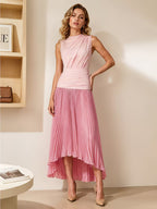 Women Sleeveless Stand Collar Ruched Waist Maxi Dress, Pleated Irregular Hem Split Long Dress for Daily Vacation Office Use