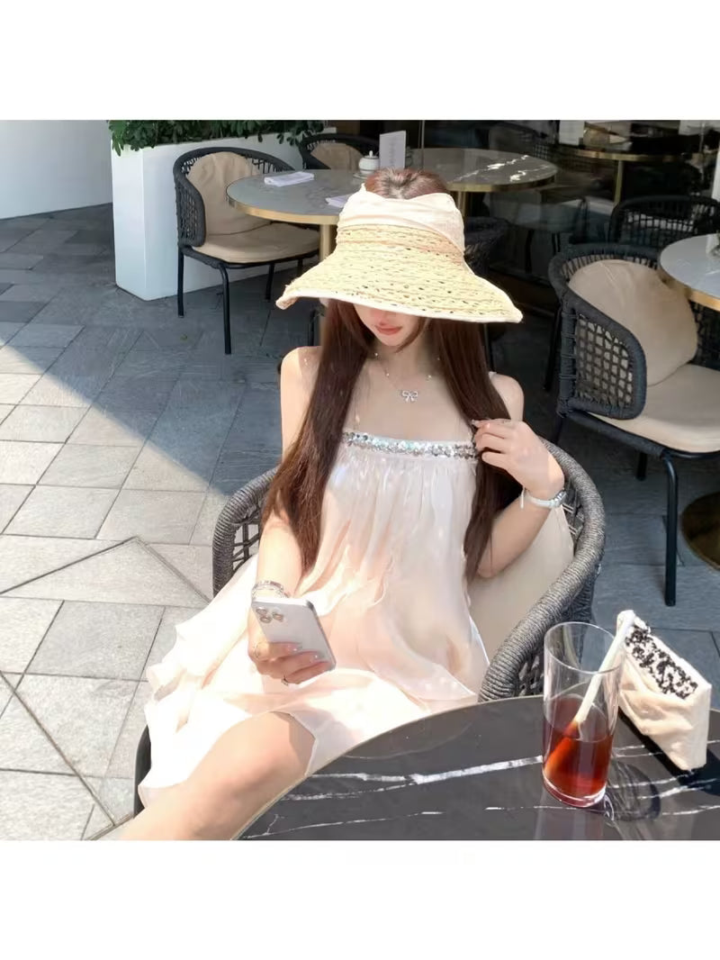 Women'S Strapless Chiffon Mini Dress, Ruffled Hem with Rhinestones, Sweet Casual Style