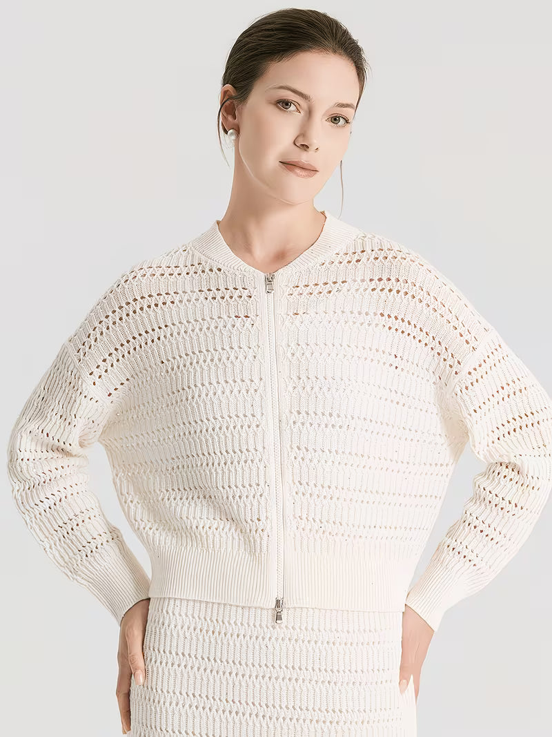 100% Linen 7-Gauge Openwork Cardigan, 2/24 Nm Yarn Waist-Cinching V-Neck Jacket, Lightweight And Breathable Knitwear