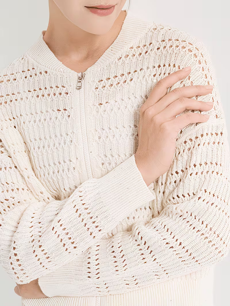 100% Linen 7-Gauge Openwork Cardigan, 2/24 Nm Yarn Waist-Cinching V-Neck Jacket, Lightweight And Breathable Knitwear