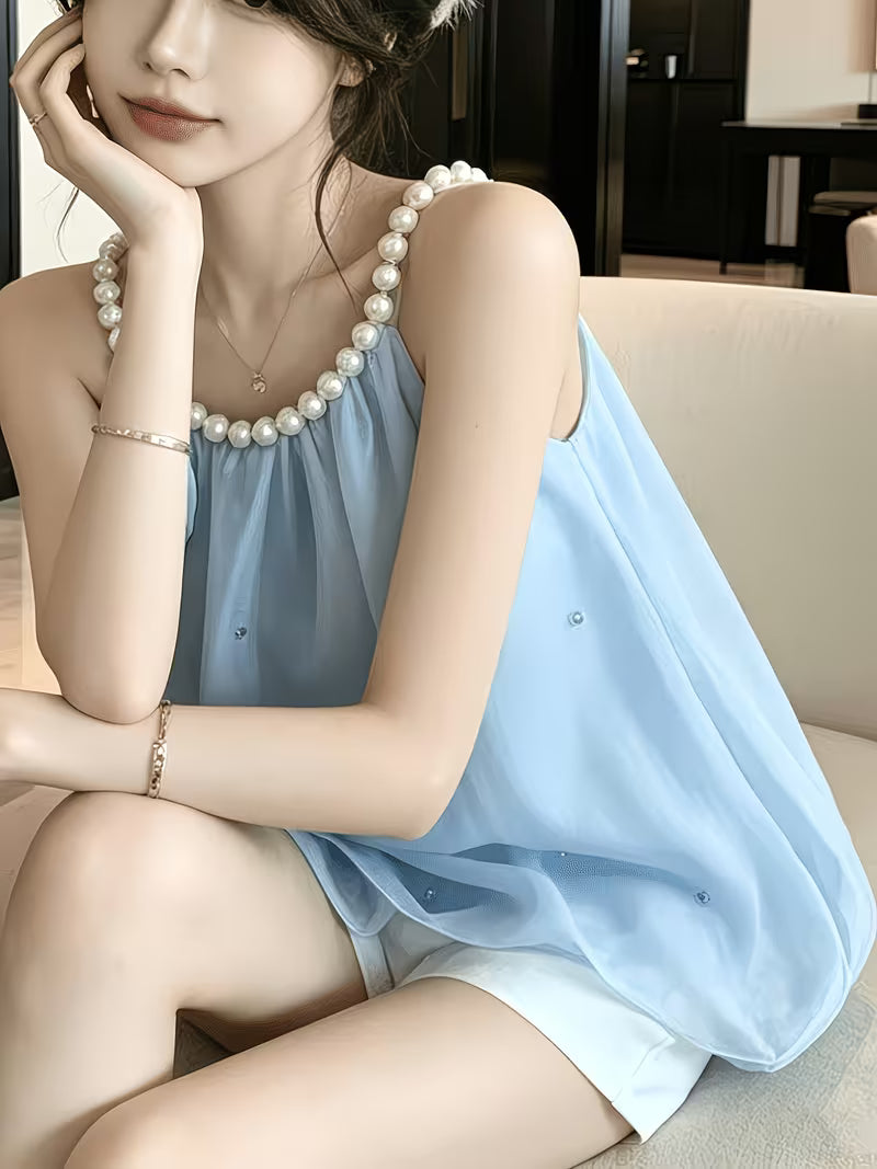 Design Sense Socialite Temperament 3D Floral Pearl Hanging Neck Diamond-Studded Ruffled Camisole Top Women'S Summer Socialite Style Diamond Pearl Hanging Neck Camisole Chiffon Blouse