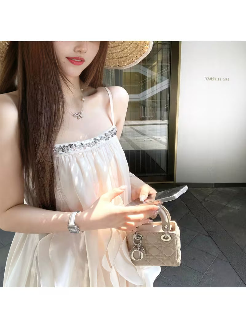 Women'S Strapless Chiffon Mini Dress, Ruffled Hem with Rhinestones, Sweet Casual Style