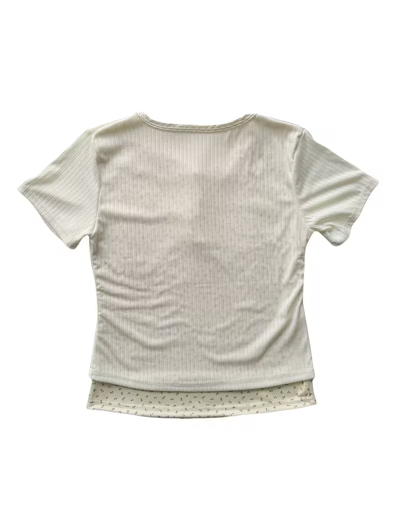 2-in-1 Look Off-Shoulder Short Sleeve T-Shirt for Women, New Summer Korean Style Sweet Temperament Slim Fit Floral Print Pure Desire Spicy Top