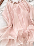 Design Sense Socialite Temperament 3D Floral Pearl Hanging Neck Diamond-Studded Ruffled Camisole Top Women'S Summer Socialite Style Diamond Pearl Hanging Neck Camisole Chiffon Blouse