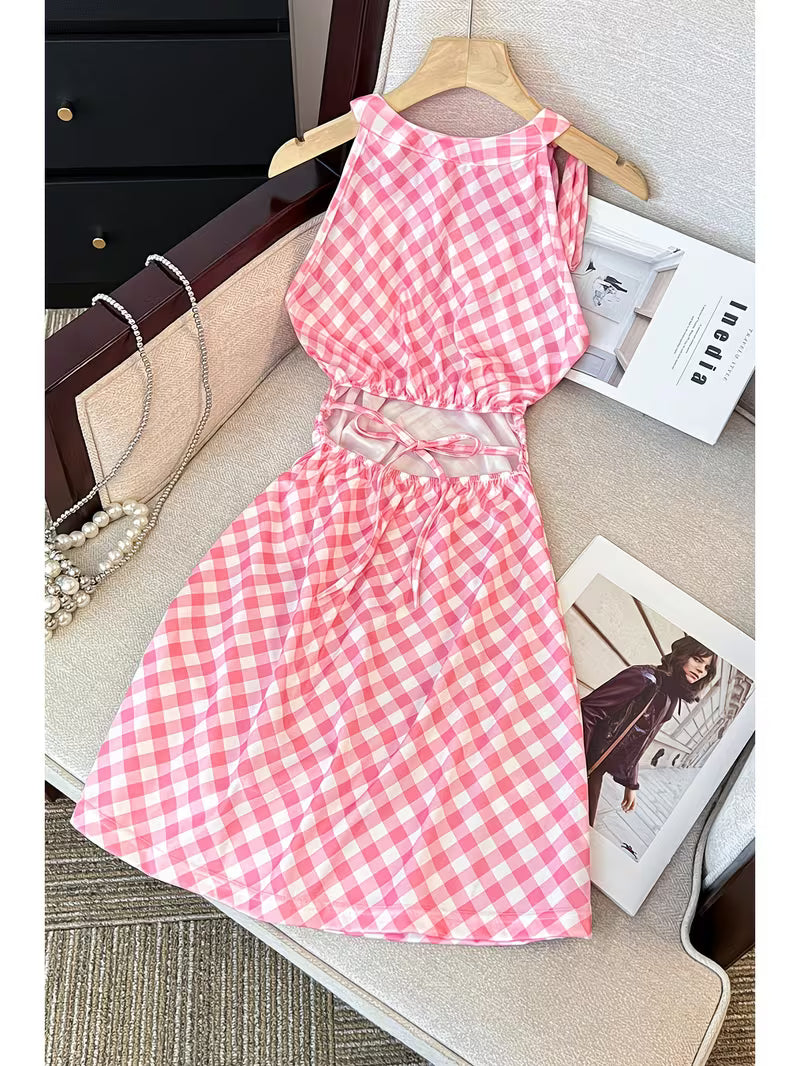 Summer Halter Neck Off-Shoulder Pink Plaid Sleeveless Dress Irregular Bow Design Skirt Women, Pink Off-Shoulder Sleeveless Halter Neck Plaid Dress Women'S Spring 2026 New Bow French Hip-Wrap Short Skirt