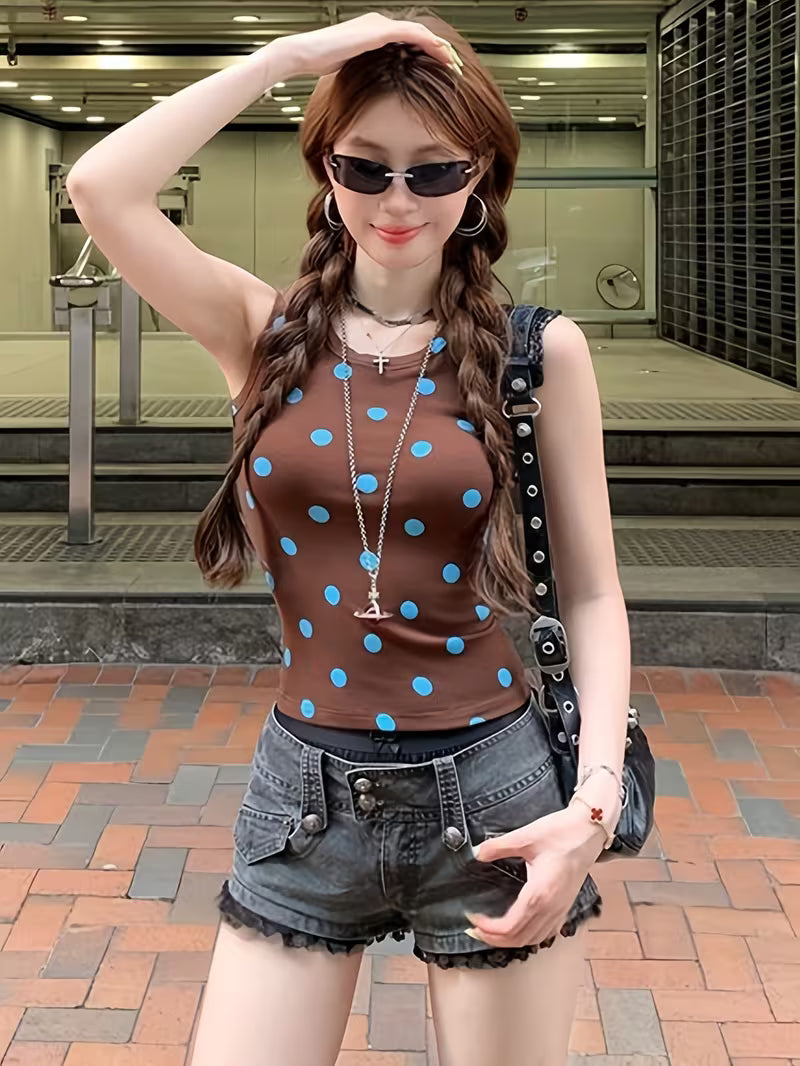In-Stock High-Quality French-Style Unique Round Neck Camisole Tank Top, Summer Lightweight Polka Dot Print Sleeveless Cropped Simple Versatile Top