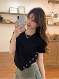 Summer Pure Color Button Detail Asymmetrical Hem T-Shirt Casual Versatile Short Sleeve Top