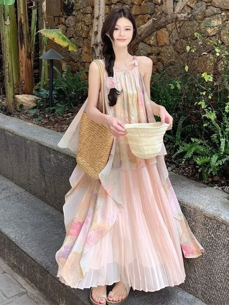 Women's French-Style Oil Painting-Inspired Spaghetti Strap Maxi Dress