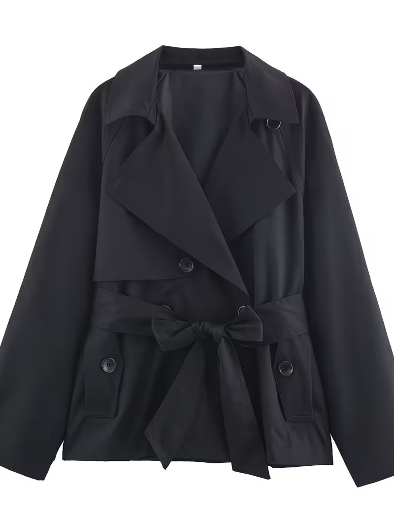 Wide Lapel Epaulet Short Trench Coat Women Detachable Waist Tie Double Breasted Loose Drop Shoulder Long Sleeve Coffee Petite Commuter
