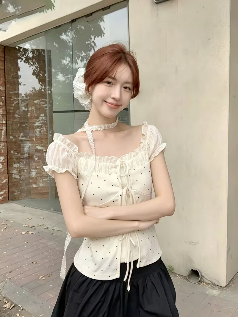 Women's Korean Style Off-Shoulder/ Neck Short Sleeve Top - -Line Tunic Shirt with Puffed Sleeves & Lace Trim, Polka Dot Summer Wear Suitable for /Korean Fashion, Hand Washable Non-Sheer Short Length