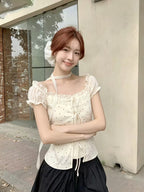 Women's Korean Style Off-Shoulder/ Neck Short Sleeve Top - -Line Tunic Shirt with Puffed Sleeves & Lace Trim, Polka Dot Summer Wear Suitable for /Korean Fashion, Hand Washable Non-Sheer Short Length