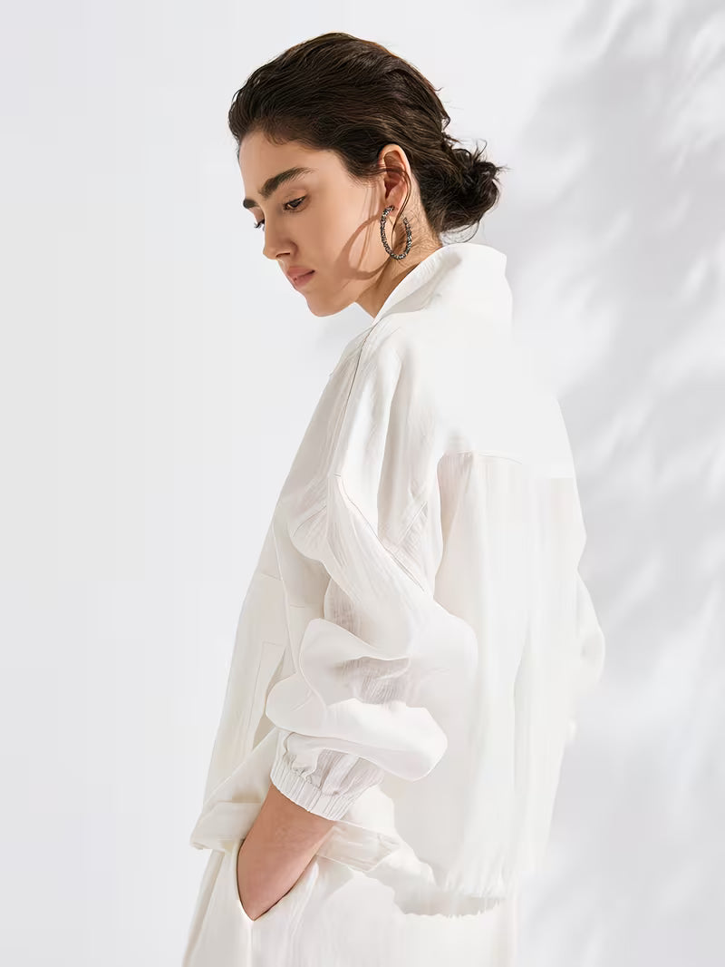 100% Linen Jacket | Elegant High Neck, Single Breasted, Button Details, Flared Hem, Long Sleeve | Serathinan