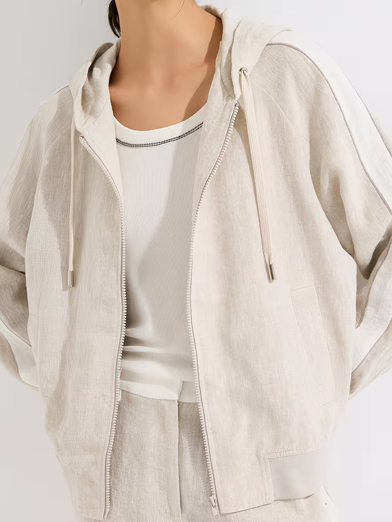 Effortless Linen Hooded Jacket For Women, 100% Linen Shell With 100% Lining, Full-Zip Relaxed Fit, Breathable Natural Fiber Outerwear