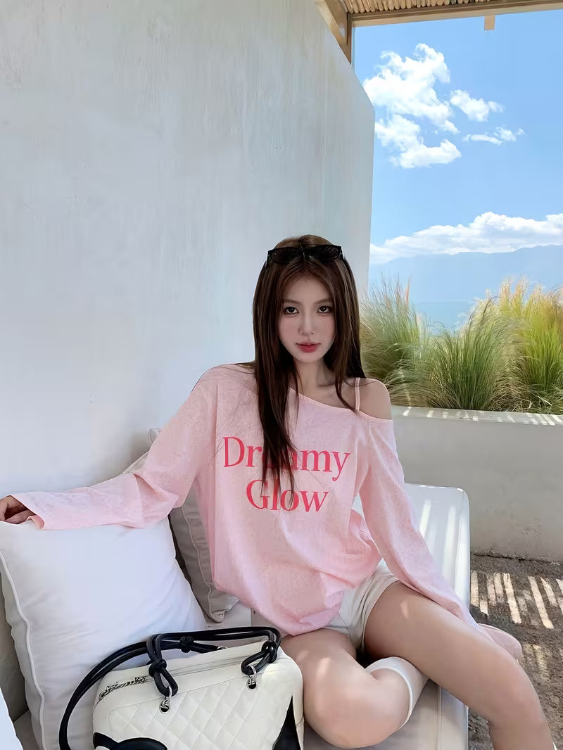 Korean Style Elegant Youthful Pink Letter Print Long Sleeve T-shirt Women Summer Thin Loose Casual Designer Niche Top