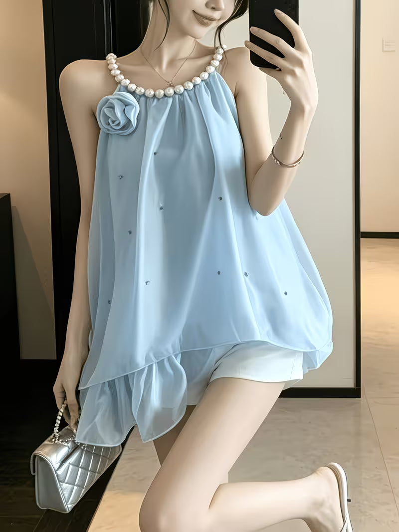 Design Sense Socialite Temperament 3D Floral Pearl Hanging Neck Diamond-Studded Ruffled Camisole Top Women'S Summer Socialite Style Diamond Pearl Hanging Neck Camisole Chiffon Blouse