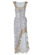 Off-the-shoulder Ruffled High-slit Sexy Fitted Spaghetti-Suspender Dress