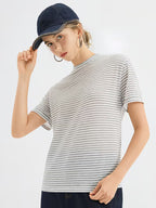 Women's Viscose Striped T-Shirt - Soft Round Neck Short Sleeve Suitable for Summer Casual & -Casual Wear, -Line Regular Fit -Fit Top, Non- Suitable for Office, Semi-Formal Events, Year-Round Layering
