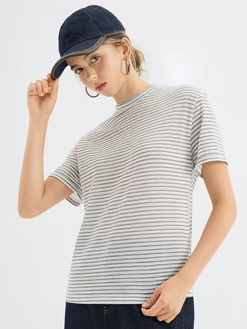 Women's Viscose Striped T-Shirt - Soft Round Neck Short Sleeve Suitable for Summer Casual & -Casual Wear, -Line Regular Fit -Fit Top, Non- Suitable for Office, Semi-Formal Events, Year-Round Layering