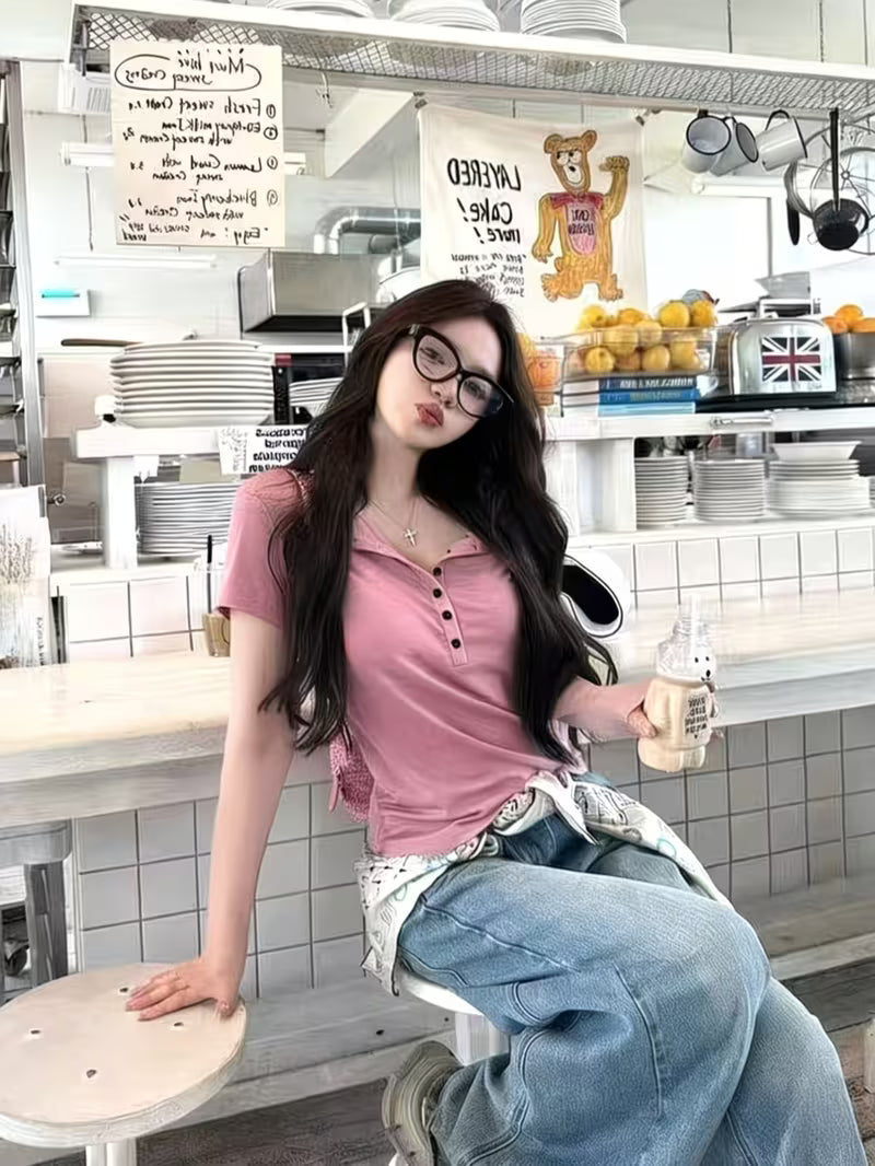 Korean Style Button Detail Slim Fit Short Sleeve T-Shirt for Women, Casual Summer Henley Neck Top, Daily Wear Basic Tee