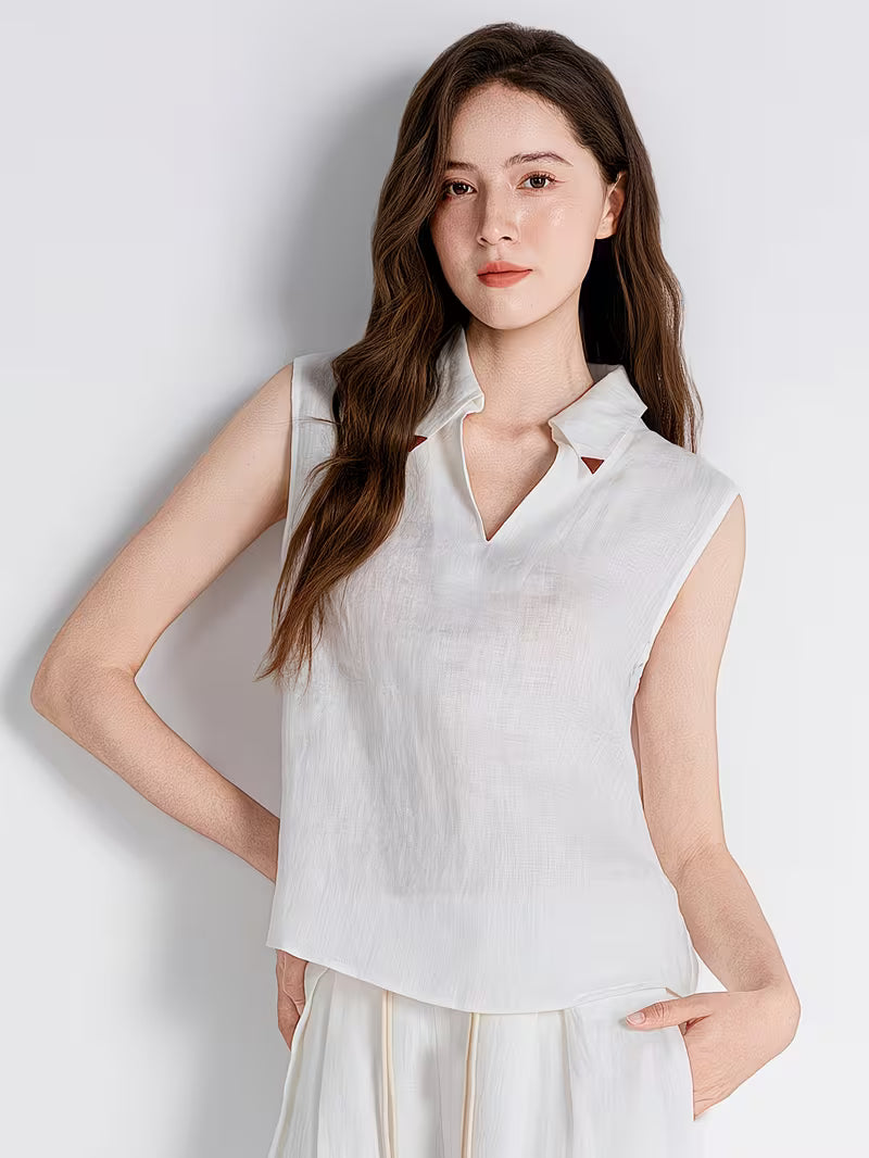Women's 100% Linen LP Vest Blouse Trim Polo Neck Sleeveless Polyester Lining Summer Daily Top
